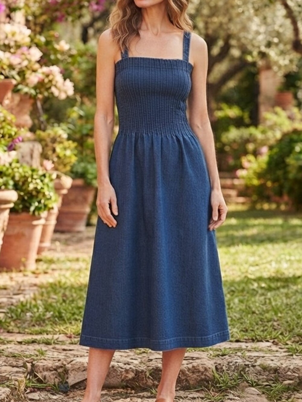 NEVER WORN Moon River Blue Smocked Denim Midi Dress No Belt Sz Size M